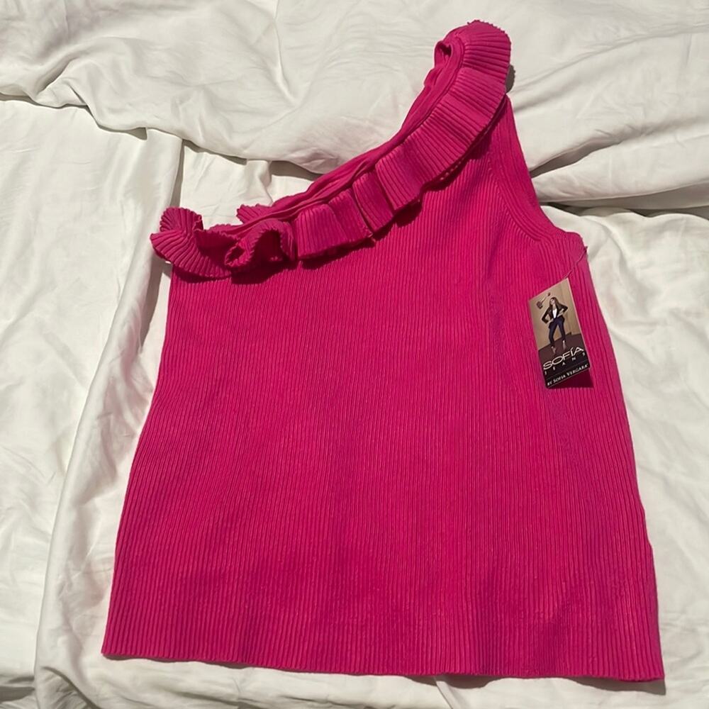 Sofia jeans L large hot pink one shoulder ruffled top stretchy ribbed body nwt